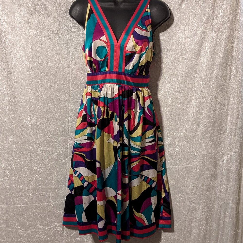 ECI NEW YORK Silk Colorful V Neck Dress Waist Tie Ruching Waist Size 10